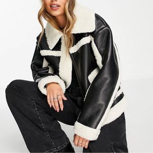 Urbancode London Black PU Aviator Jacket / Sherpa Trim | Size 6/8